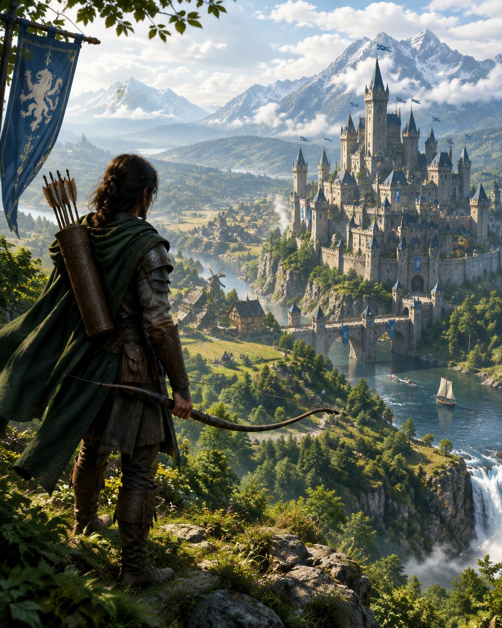 An archer overlooking a castle in a green kingdom
