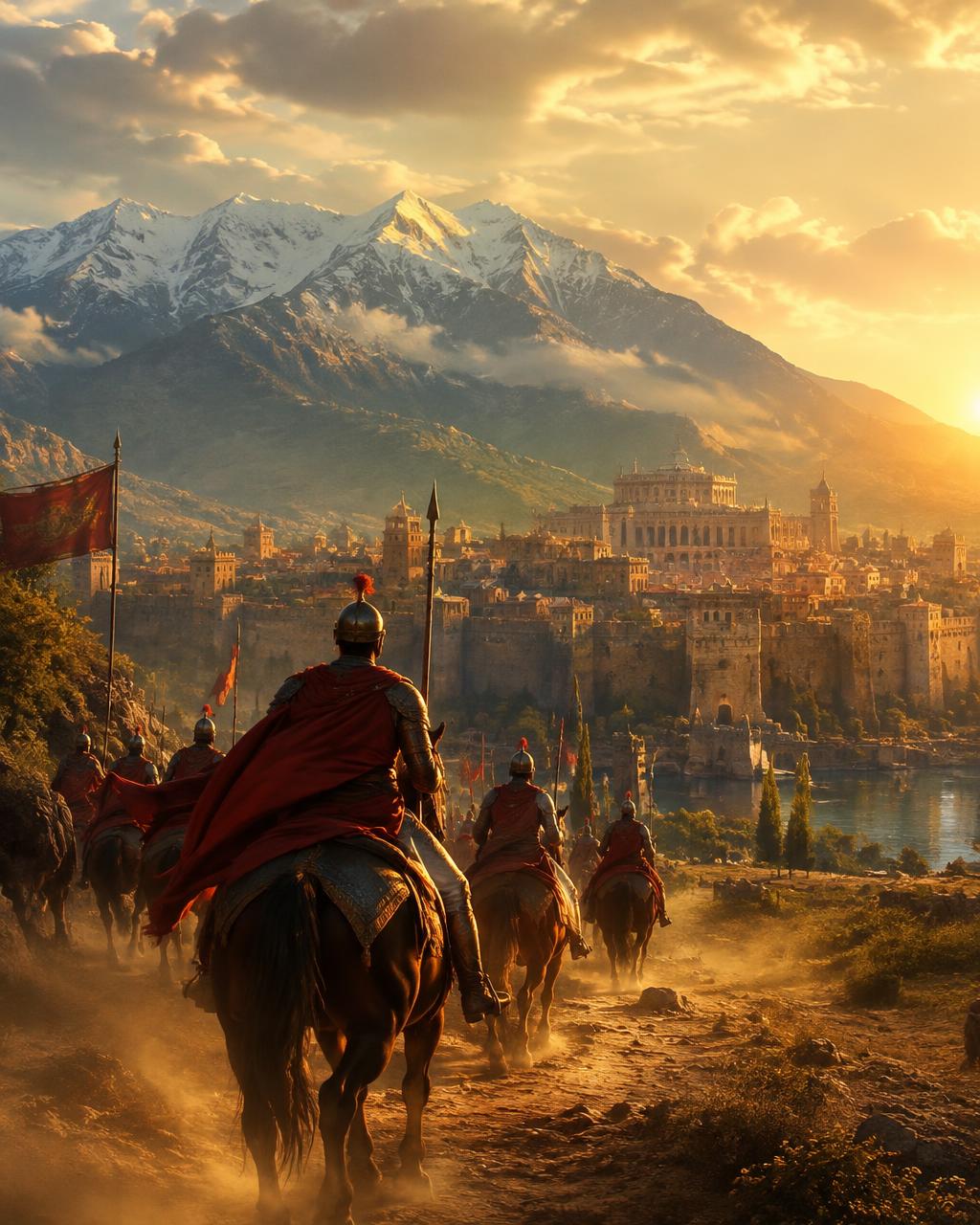 Cavalry riding toward an ancient city at the foot of the mountains